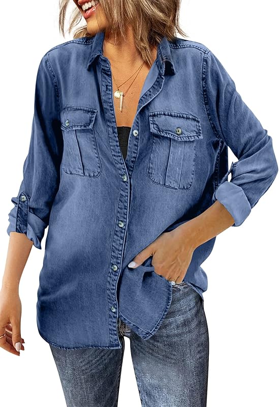 Runcati Womens Button Down Denim Shirt Long Sleeve Roll Up Casual Oversized Jean Shirt Jacket Distressed Tunic Tops