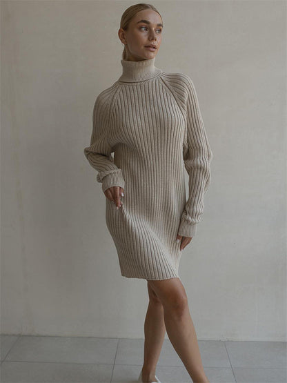 Long Sleeve High Collar Sweater Dress Women Casual Loose Thick Sunken Stripe Solid Color Sheath 2023 Autumn and Winter Knitting Dress