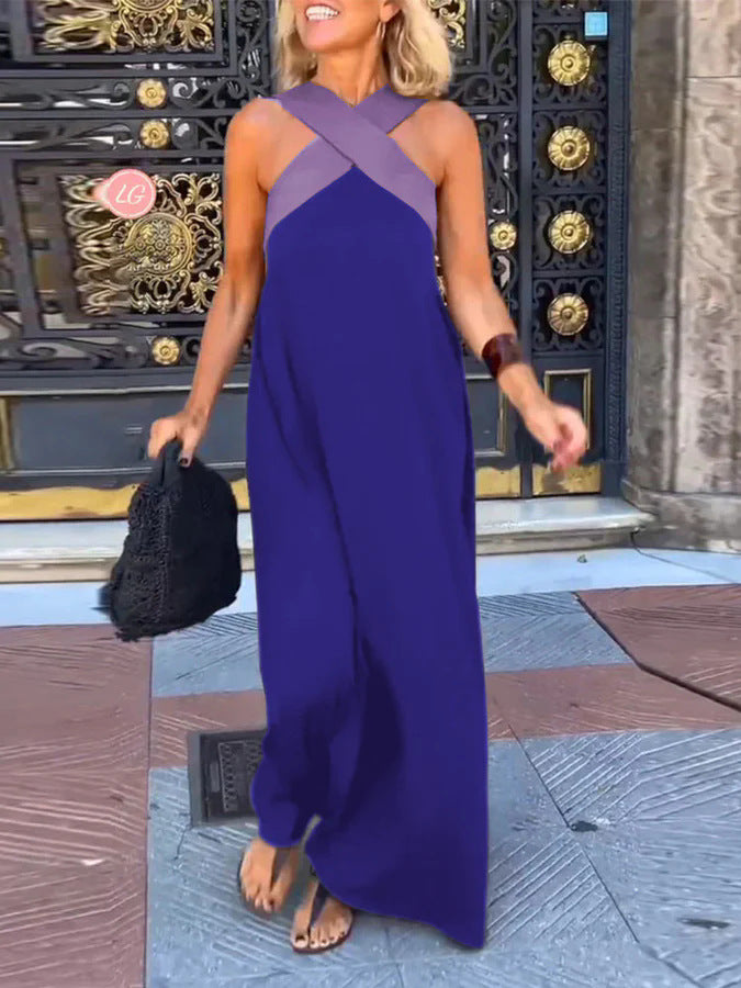 Women's Cross Halter Neck Sleeveless Stitching Dress - Seldom Seen Styles