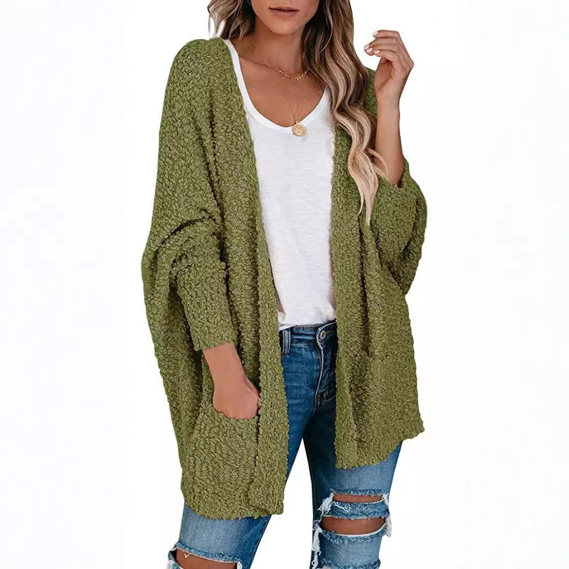 Women's Solid Color Batwing Sleeve Open Front Cardigan, Casual Long Sleeve Outerwear for Fall & Winter, Women's Knit Clothing for Daily Wear