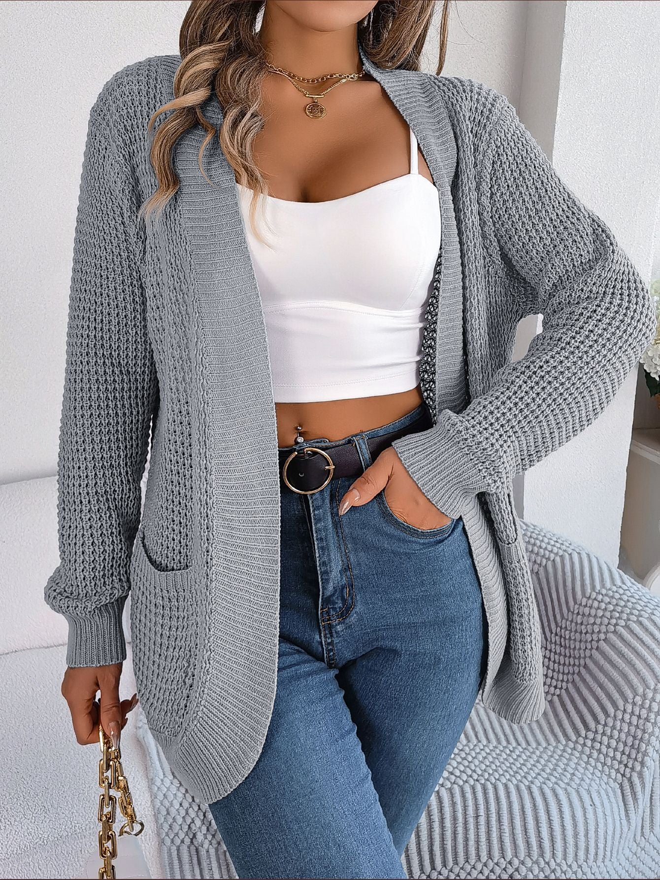 Real Shot 2024 Autumn and Winter Leisure Pocket Long Sleeve Knitted Sweater Cardigan Coat Amazon Hot Cross-Border Women's Clothing