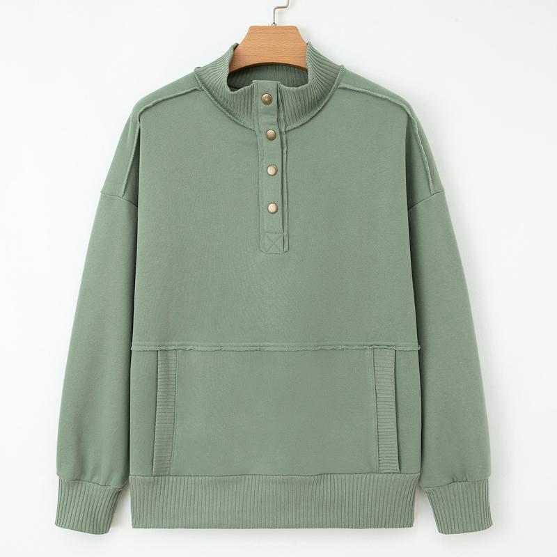 2025 Women's Fall Pullover Mockneck Button Down Ribbed Fit Lightweight Cozy Oversized Long Sleeve Sweatshirt Kangaroo Pocket for Everyday Wear - Seldom Seen Styles