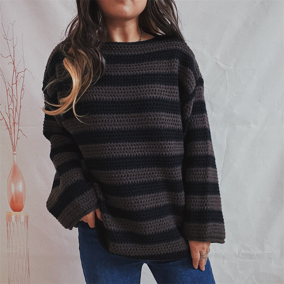 Europa und Amerika grenzüberschreitender Amazon-Herbst-Wintermantel, lockerer, schulterfreier, gestreifter, langärmeliger Strickpullover, lässiger Pullover für Damen 