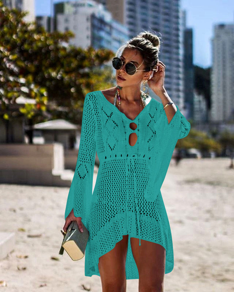 Hollow-out Sun Protection Shirt Bell Sleeve Beach Cover-up Bikini Cover  Hot Knitwear Swimsuit