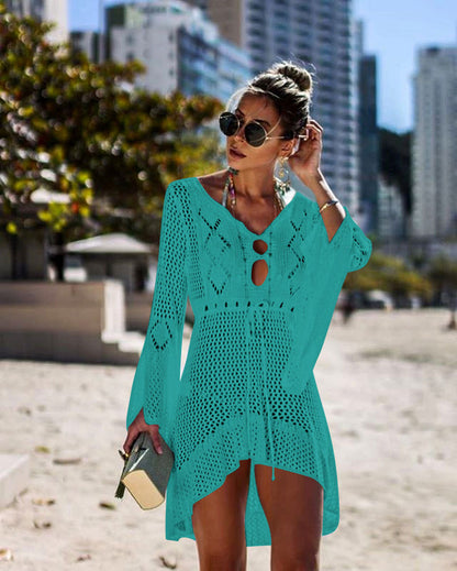 Hollow-out Sun Protection Shirt Bell Sleeve Beach Cover-up Bikini Cover  Hot Knitwear Swimsuit