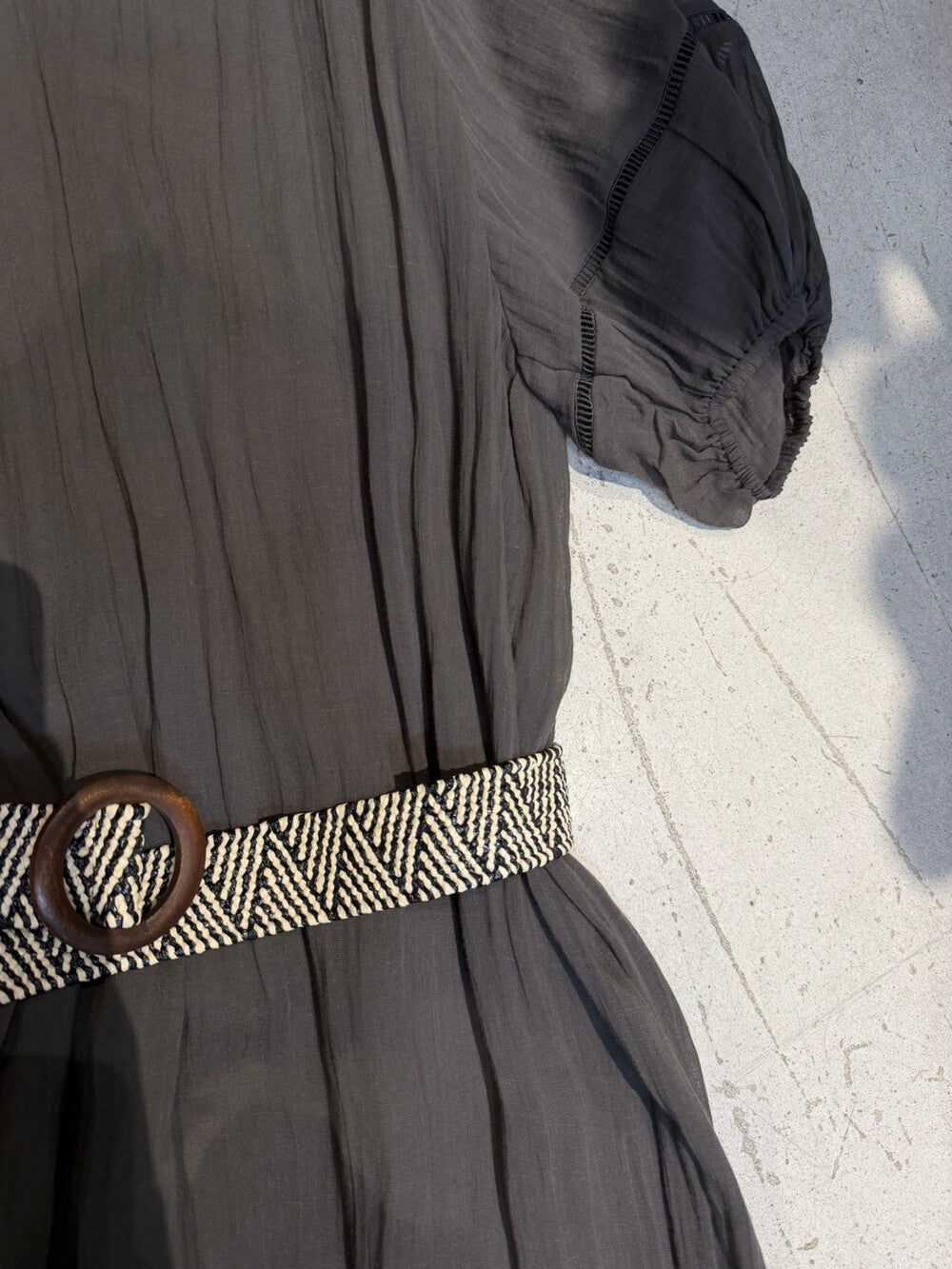 V-Neck Puff Sleeve Loose Flowy Maxi Dress with Woven Belt Included Crinkle Texture Elegant Casual Summer Dress White Dark Grey - Seldom Seen Styles