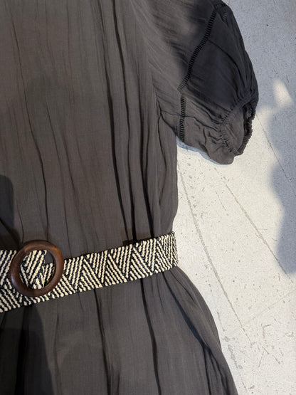 V-Neck Puff Sleeve Loose Flowy Maxi Dress with Woven Belt Included Crinkle Texture Elegant Casual Summer Dress White Dark Grey