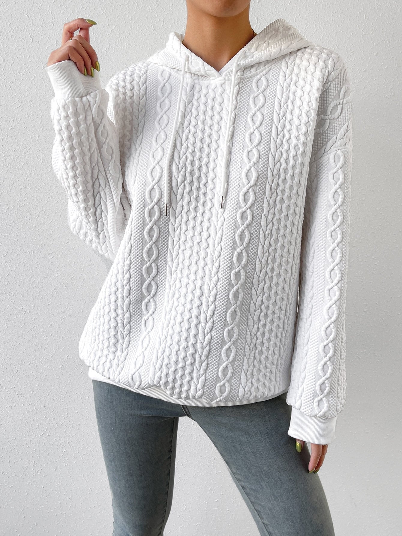 Cable Textured Drop Shoulder Drawstring Hoodie - Seldom Seen Styles