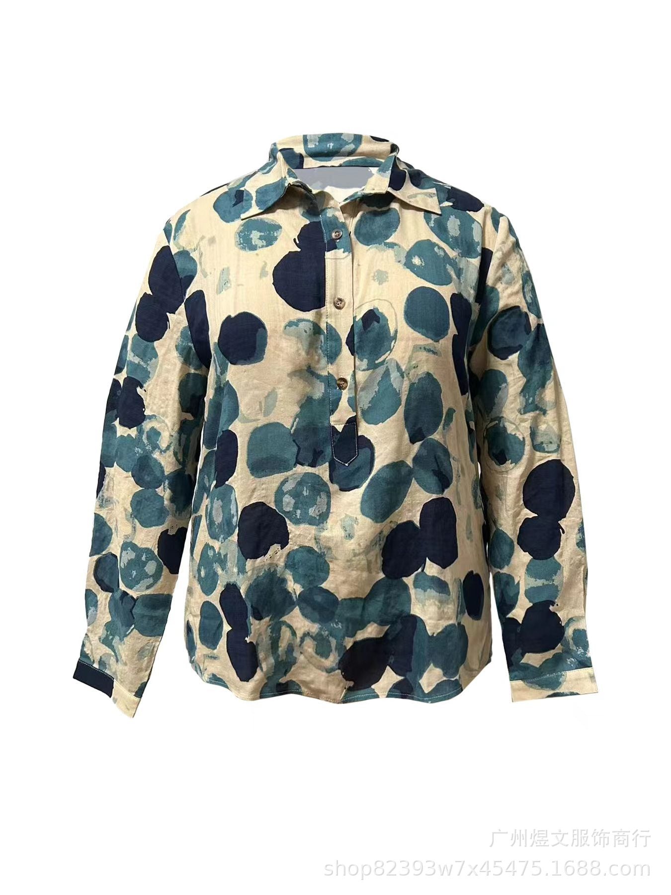 Lapel Autumn Baggy Coat Wardrobe Blue with Dots Shirt