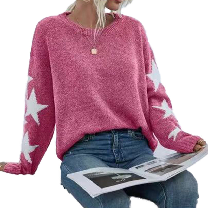 Fashion Solid Color Five-Pointed Star Sweater Crew Neck Pullover Autumn Winter Women's Knitwear