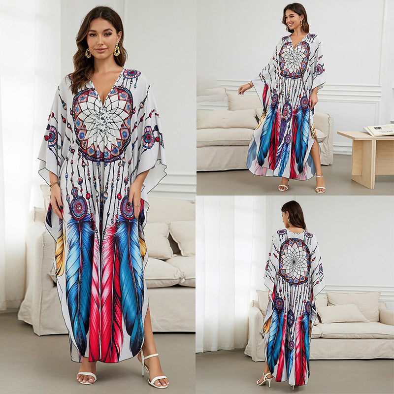 [Plus Size] Butterfly/feather Print Ruched Split Hem Tunic Dress, Valentine's Day Elegant Batwing Sleeve V Neck Long Dress for Summer, Casual Womenswear, Gift, Homecoming Dresses, Women's Clothes for Beach Holiday Vacation, Moo Moo Dresses