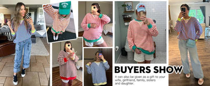 【Up To 3XL】Fisace Christmas Womenswear Striped Oversized Sweatshirt Color Block Crew Neck Long Sleeve Shirt Casual Loose Pullover Top Y2K Clothes back to school