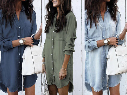 Women Denim Shirt Dresses Long Sleeve Distressed Jean Dress Button Down Casual Tunic Top