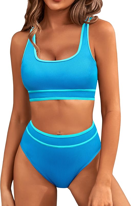 Women's High Waisted Bikini Sets Sporty Two Piece Swimsuits Color Block Cheeky High Cut Bathing Suits - Seldom Seen Styles