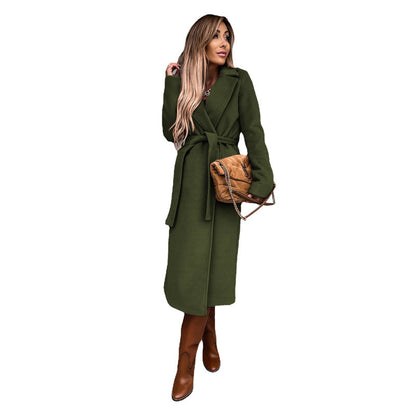 Long-Sleeved Woolen Coat Simple Lace up Trench Coat Autumn Winter Women's Clothing Solid Color Polo Collar