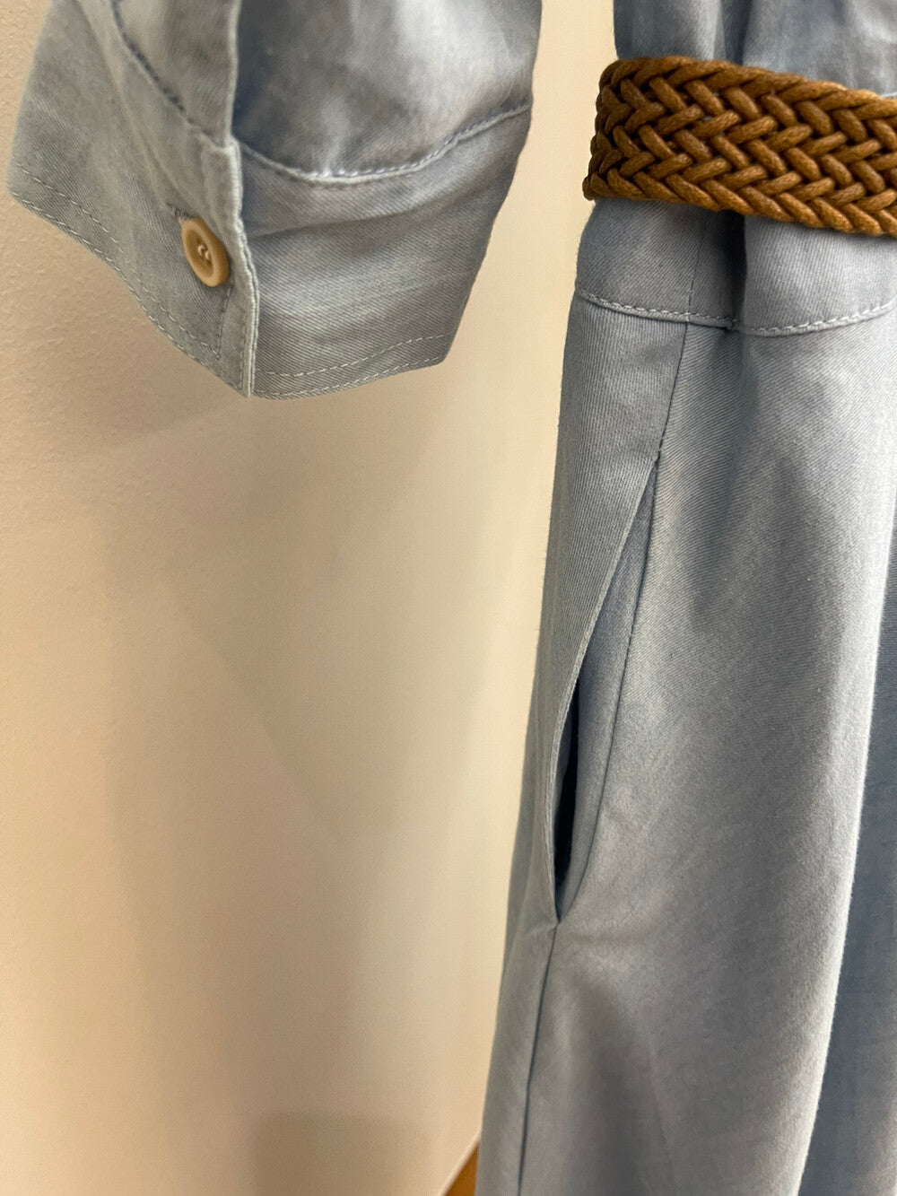 Women's Denim Short Sleeve Lapel Collar Gold Button Belted A-Line Maxi Dress Dual Chest Pockets with Free Braided Belt Dark Blue Light Blue S M Cotton Candy 288563 - Seldom Seen Styles
