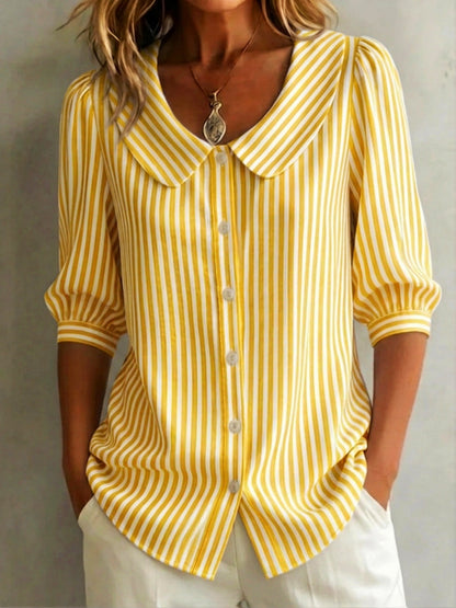 Women's Striped Blouse Peter Pan Collar Button Up 3/4 Sleeve Casual Shirt