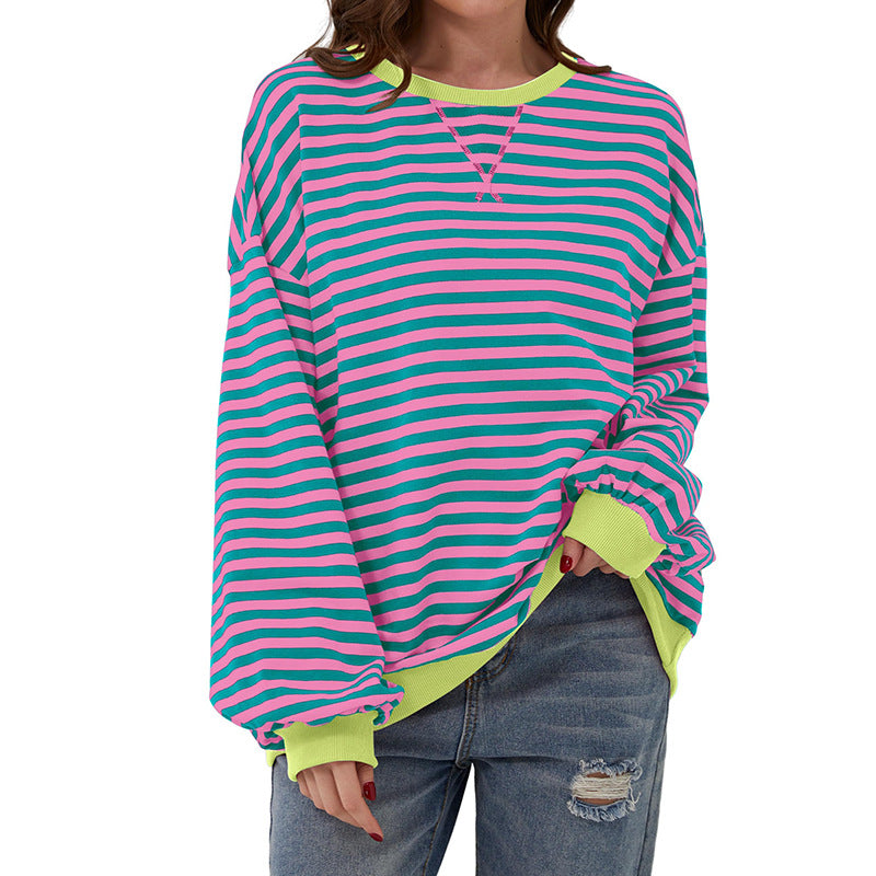 Womens Striped Oversized Sweatshirt Color Block Crew Neck Long Sleeve Casual Loose Pullover Top Y2K Clothes