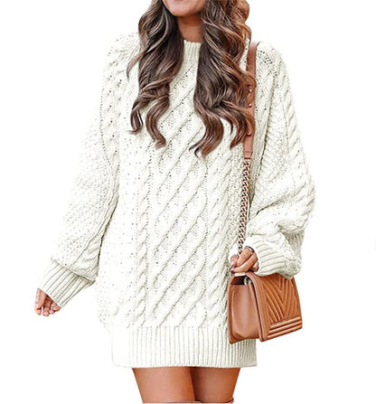 Women's Clothing round Neck Long Sleeve Large Profile Twisted Knitted Thick Needle Pullover Mid-Length Warm Sweater for Women Dress