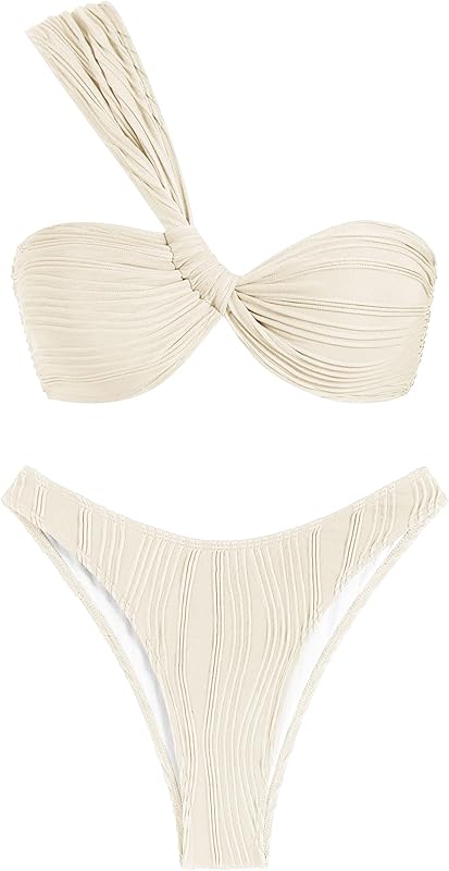 Women's One Shoulder Bikini Twisted Ruched High Cut Bandeau Bikini Set Two Piece Swimsuit - Seldom Seen Styles