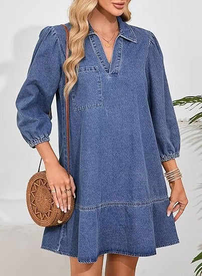 Denim Dress for Women Fashion Fall Casual Babydoll 2025 V Neck 3/4 Puff Sleeve Jean Dresses