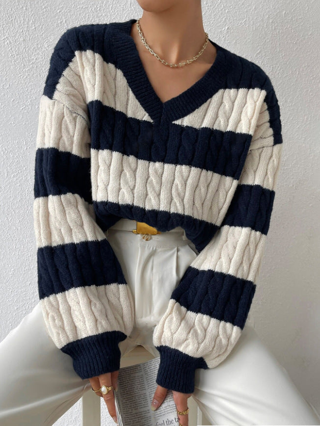 Herbst und Winter Lazy Style Neue Strickmode Lockere Mode Grenzüberschreitender Außenhandel Damenbekleidung VCollar Retro Kontrastfarbe Gestreifter Pullover 