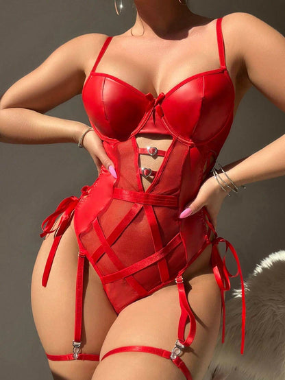 Sexy Strappy Lace Up Underwire Sheer Leather Garter Belt Teddy Bodysuit Lingerie Top 2 Piece Set