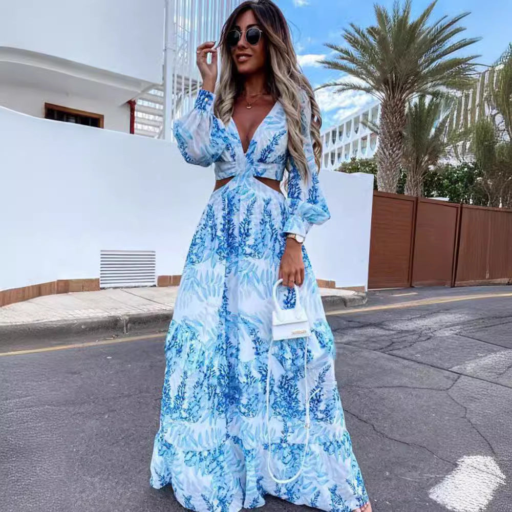 2024Amazon European and American Fashion Women's Wear Spring New Long Printing V Collar Long Sleeve Temperament Dress