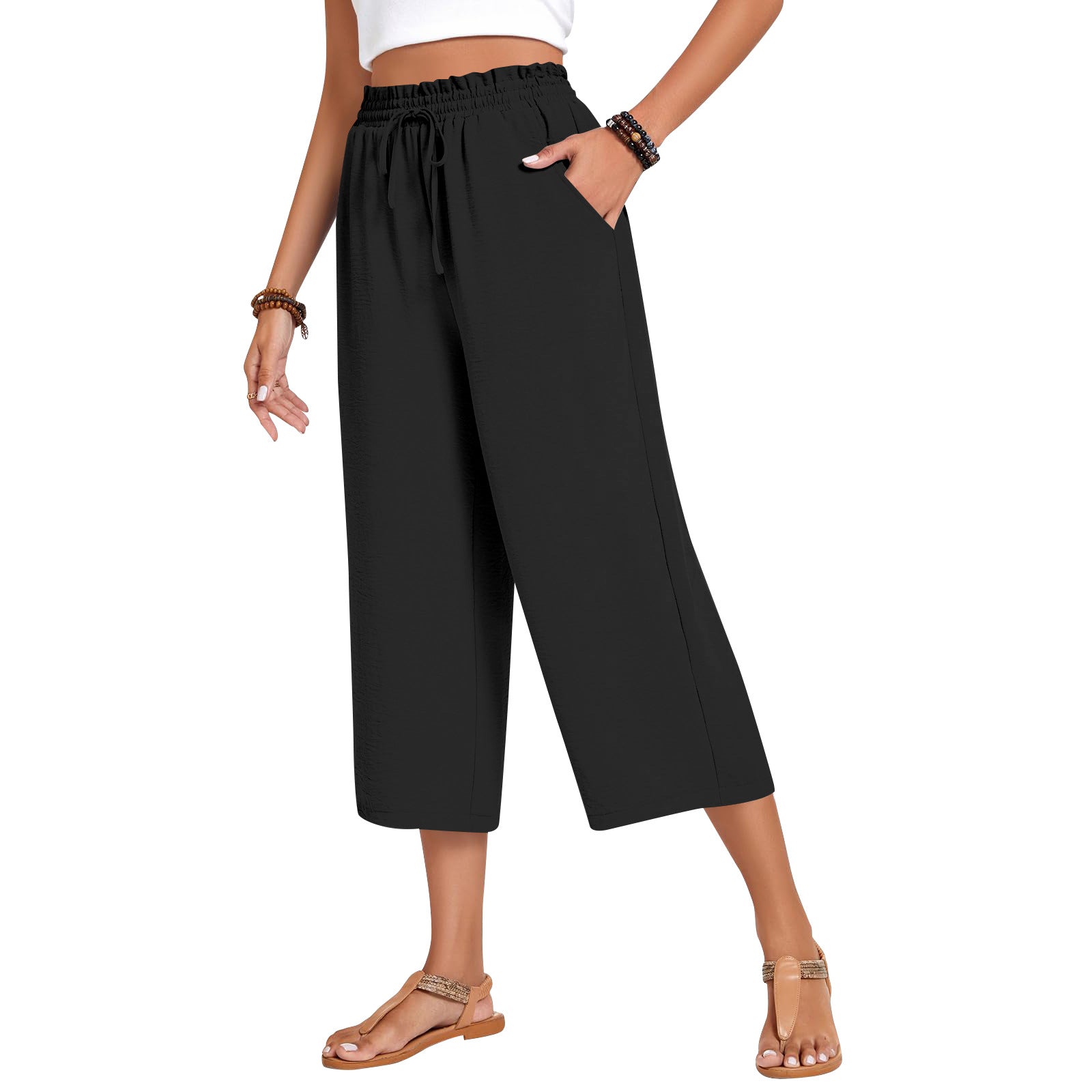 Women's Capri Pants Drawstring Casual Palazzo Trousers with Pockets Loose High Waisted Wide Leg Lounge Pants - Seldom Seen Styles
