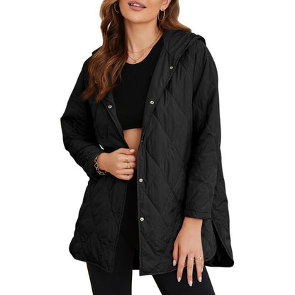 Jacket for Women Casual Fall Hooded Puffer Long Sleeve Button Oversized Lightweight Basic Winter Black Outerwear Comfort Coat Tops 2025 Womenswear Outfits