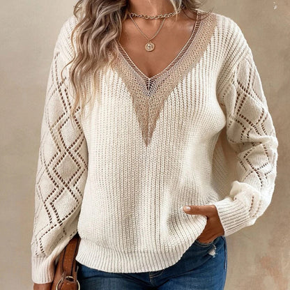 Womens Long Sleeve Sweaters Fall 2024 Trendy Sexy Lace V Neck Knit Drop Shoulder Pullover Sweater Jumper Tops