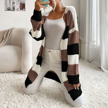 Women's Clothing Long Non-Button Colorblock Sweater Coat  Autumn Winter Hot Products