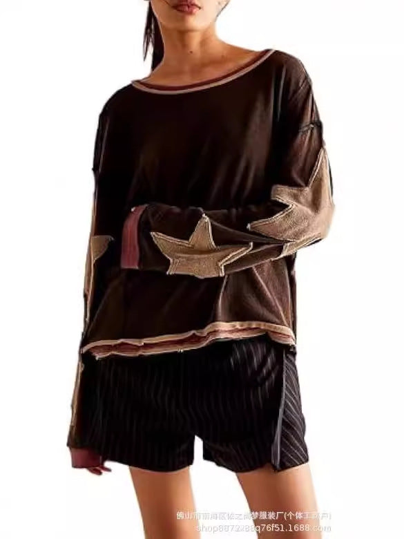 Women's Summer Loose T-Shirt Star Patch Long Sleeve Crew Neck Casual Tops Streetwear - Seldom Seen Styles