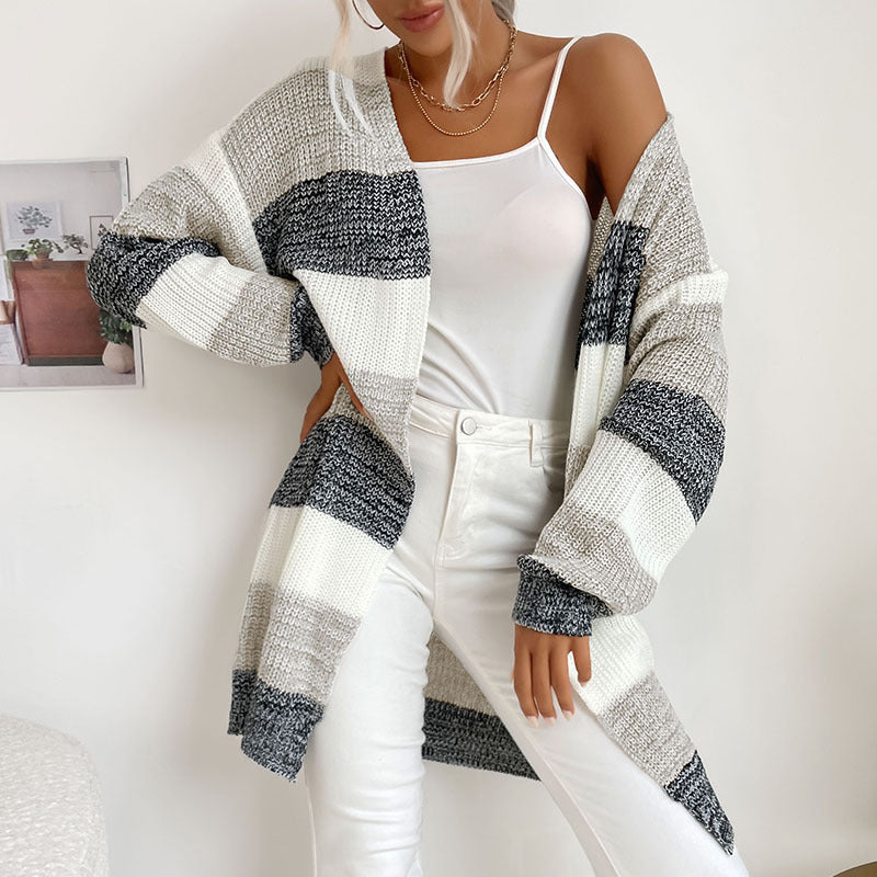 Independent Station Cross-Border E-Commerce Exclusively for Foreign Trade Autumn and Winter Hot Products European and American Women's Clothing Long Non-Button Colorblock Sweater Coat