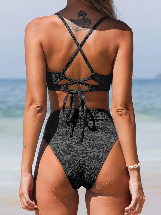 scalloped black bathing suit