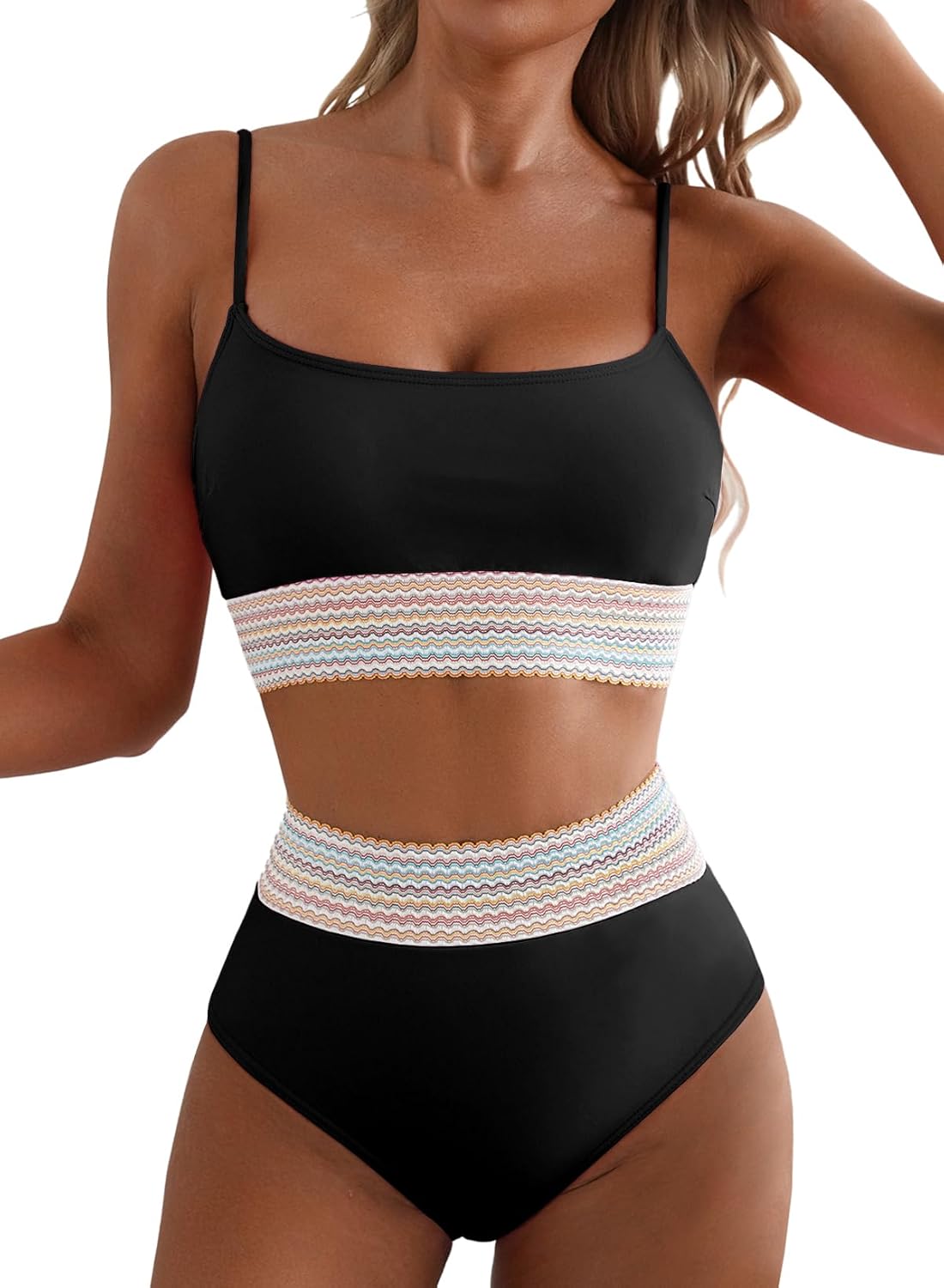 Women's Bikini Sets Colorblock Trim 2 Piece High Waisted Swimsuit Scoop Neck Adjustable Spaghetti Straps Bathing Suit - Seldom Seen Styles