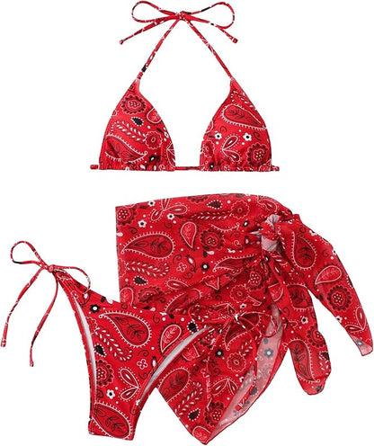 Bikini Sets for Women Paisley Print Halter Triangle Bathing Suit 3 Piece Swimsuit with Sarong Cover Up - Seldom Seen Styles