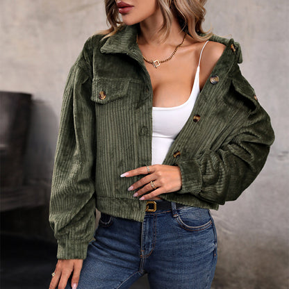 Women's Cropped Corduroy Jacket Button Down Long Sleeve Fuzzy Fleece Oversized Outerwear Shacket Coat