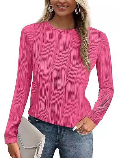 Women's Summer Fall Scalloped Lace Cuff Crewneck Tops Textured Shirts - Seldom Seen Styles
