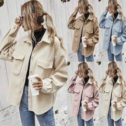 Women's Clothing Fall and Winter Lapels Single-Breasted Thickened Solid Color Wool Baggy Coat