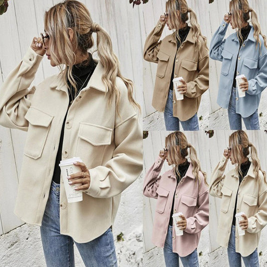 Cross-Border Foreign Trade European and American Women's Clothing Amazon2024Fall and Winter Lapels Single-Breasted Thickened Solid Color Wool Baggy Coat