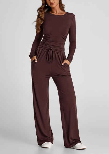 Autumn Solid Color Casual Suit Waist Pleated Long Sleeve Top with Trousers