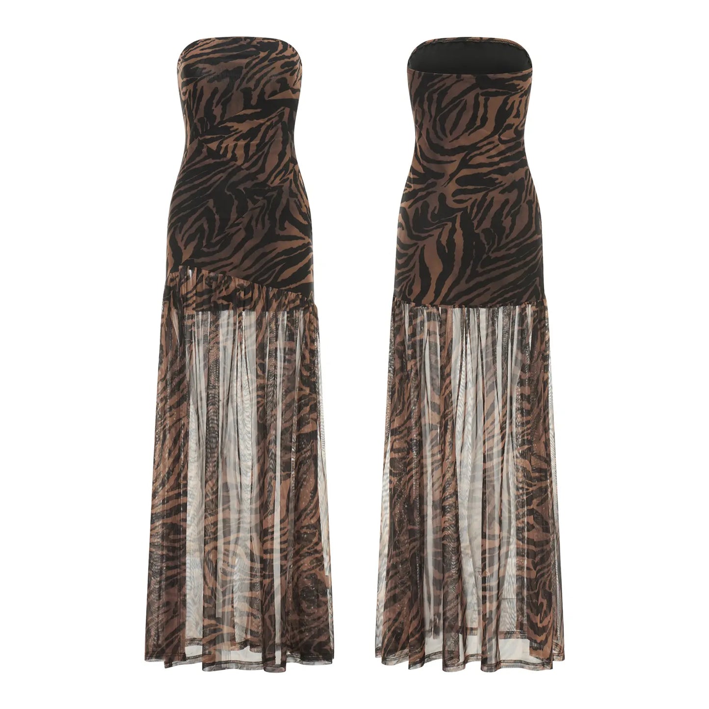 Women's Tube Top DressStrapless Backless Mesh Patchwork Tropical Leopard Print High Slit Long Dress for Party Club Night - Seldom Seen Styles