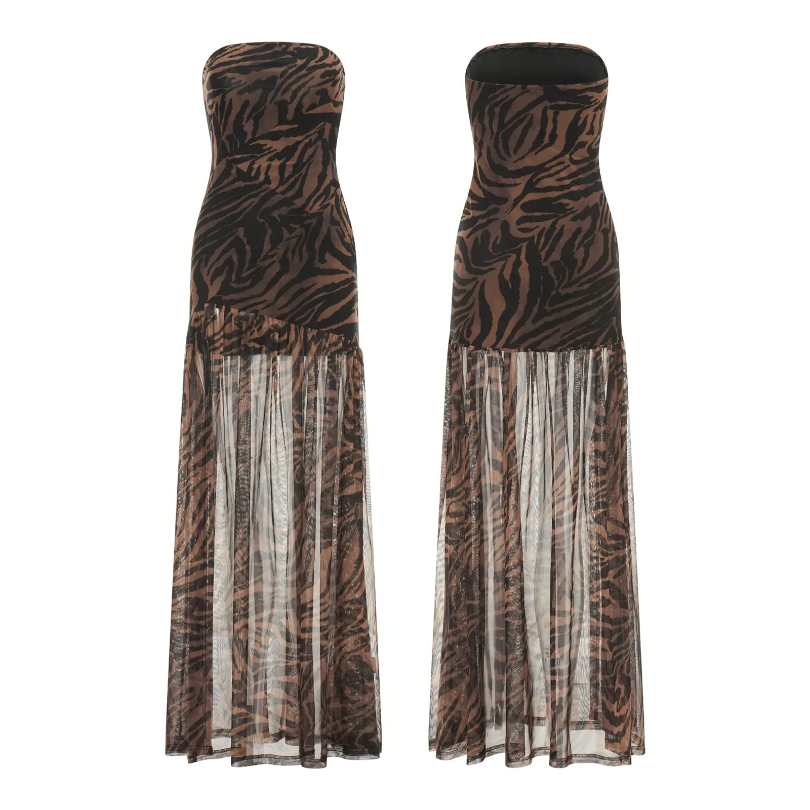 Women's Tube Top DressStrapless Backless Mesh Patchwork Tropical Leopard Print High Slit Long Dress for Party Club Night - Seldom Seen Styles