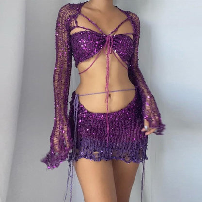 Knitted Sequin Crop Top and Skirt Matching Set