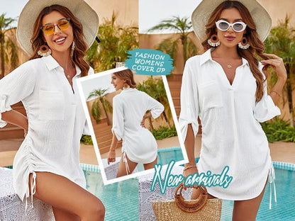 Womens Bathing Suit Cover Ups Bikini Swimsuit Coverup Drawstring Beach Dress Shirt - Seldom Seen Styles