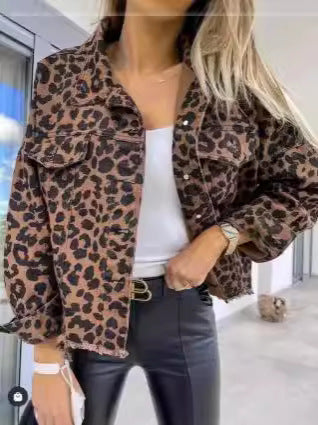 Women's Leopard Print Denim Jacket Long Sleeve Animal Printed Raw Hem Button Down Cropped Jean Coat Outerwear