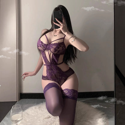 Sexy Lingerie Pure Desire Sexy Lady Temptation Lace Hollow Out See-through One-piece Purple Passionate Hot Plus Size