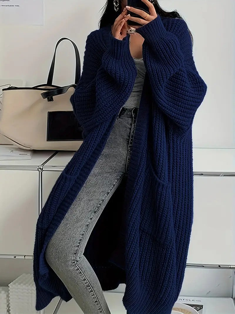 Women's Solid Drop Shoulder Long Cardigan, Casual Pocket Longsleeves Cardigan, Ladies Knitwear for Spring & Fall Daily Wear, Sweaters for Women, Knitting Womenswear - Seldom Seen Styles