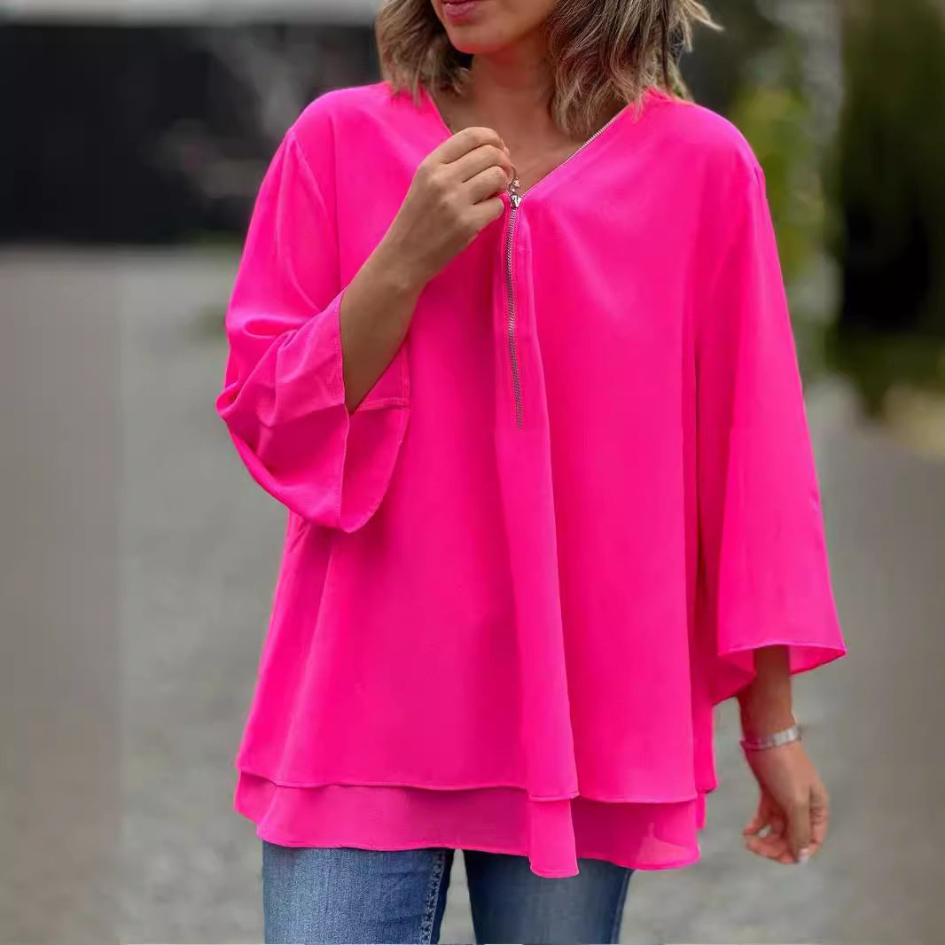 Womens V-Neck Lantern Sleeve Blouse Zipper Design Loose Casual Top Shirts - Seldom Seen Styles